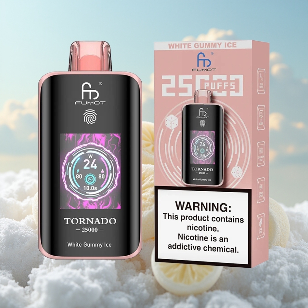 Fumot Tornado 25000 Puffs Dispozabil Vape Beli Gumeni Led sa HD Ekranom, 700mAh Baterija, 20ml Tecnost