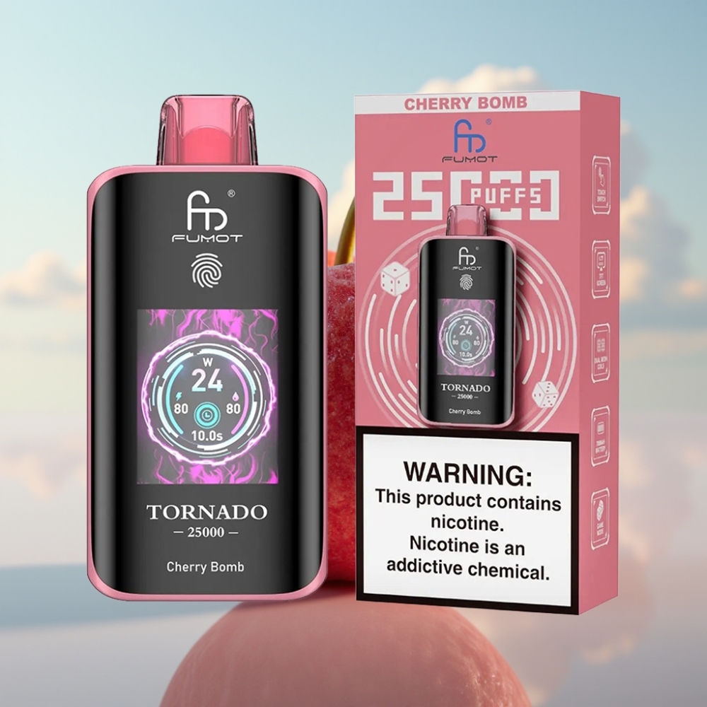 Fumot Tornado 25000 Puffs Dispozabil Vape Вишња Бомба - HD екран, 700mAh батерија, 20ml течност, Type-C пуњење