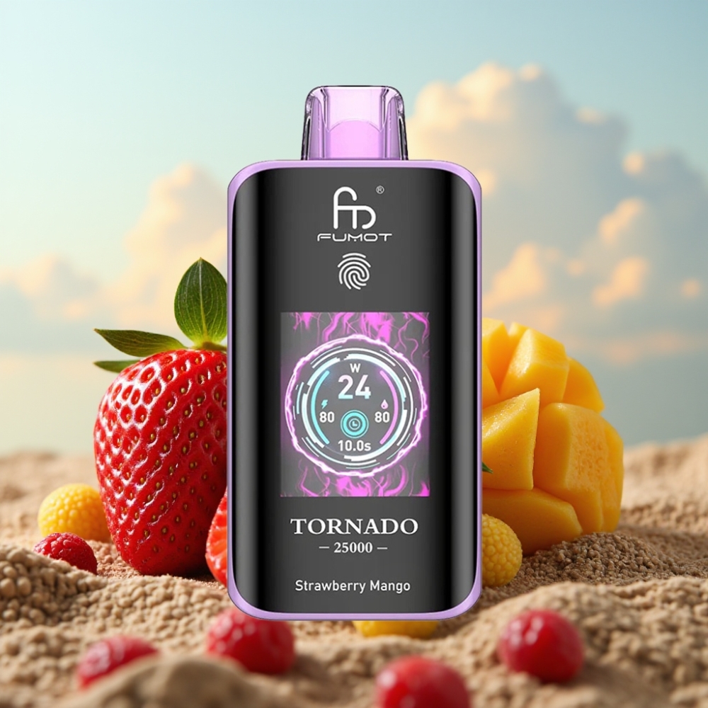 Fumot Tornado 25000 Puffs Dispozabil Vape Jagoda Mango, HD Ekran, 700mAh Baterija, 20ml Tecnost, Type-C Punjenje