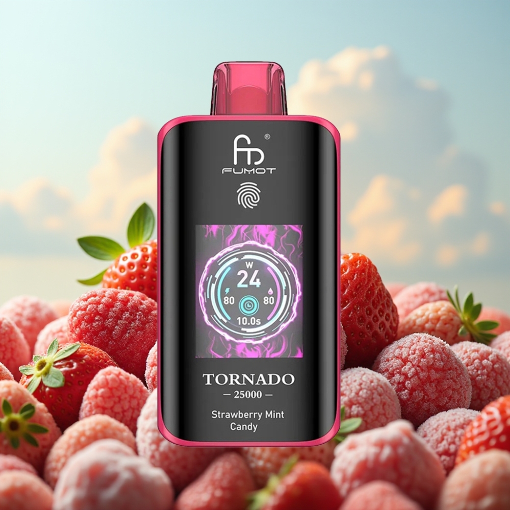 Fumot Tornado 25000 Puffs Dispozabil Vape Jagoda-Mentol Bombonica, HD Ekran, 700mAh Baterija, 20ml Tecnost, Type-C Punjenje
