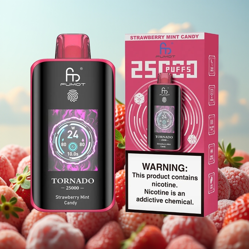 Fumot Tornado 25000 Puffs Dispozabil Vape Jagoda-Mentol Bombonica, HD Ekran, 700mAh Baterija, 20ml Tecnost, Type-C Punjenje