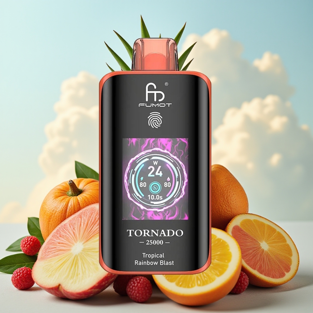 Fumot Tornado 25000 Puffs Dispozabil Vape Tropska Duga Eksplozija - HD Ekran, 700mAh Baterija, 20ml Tekućina, Type-C Punjenje