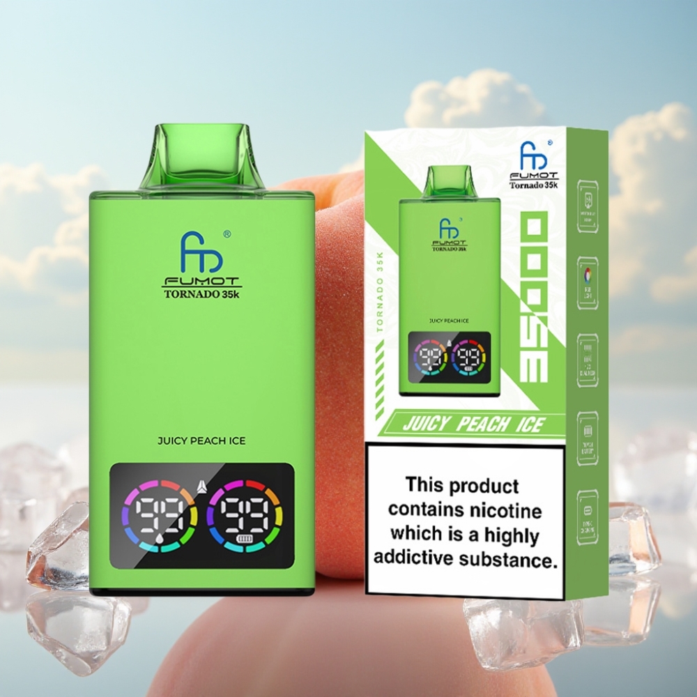 Fumot Tornado 35K Dispozabil Vape - Dual Mesh Coil, 15ml E-juice, 700 MAH, USB-C - Sočni Breskovi Led