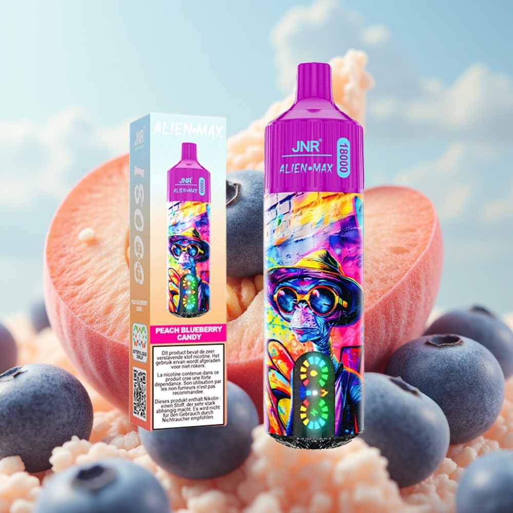 JNR Alien Max 18000 Puffs Dispozabilna Vape Breskva Borovnica Bombona, LED Display, Dual Mesh Coil, 28ml E-liquid, Type-C Punjenje