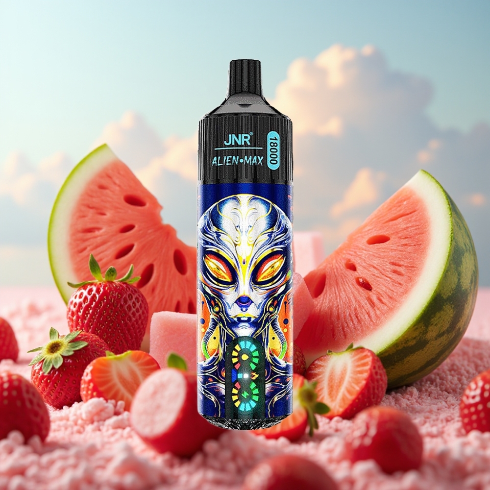 JNR Alien Max 18000 Puffs – Pametni LED displej, Dual Mesh Coil, 28ml tečnosti, Jagoda-Lubenica-Baloncici