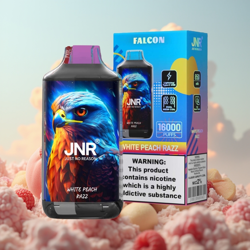 JNR Falcon 16000 Puffs Dizpozejbl Vape Bela Breskva Malina – 850 mAh, 22ml, Dual Mesh Coil, Type C