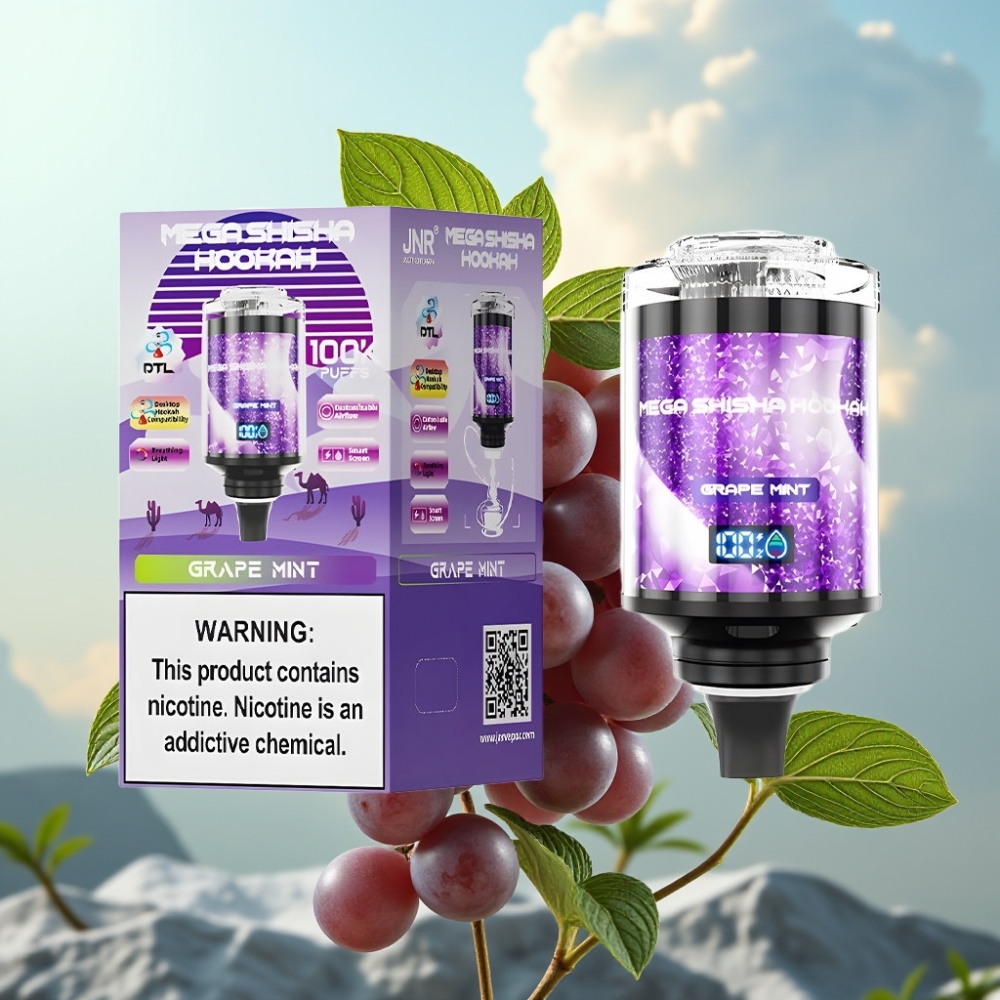 JNR Mega Shisha Hookah 100K Desktop Kompatibilnost Grožđe Metvica – 100.000 pufova, 60ml tečnost, 2200mAh baterija, Type-C punjenje