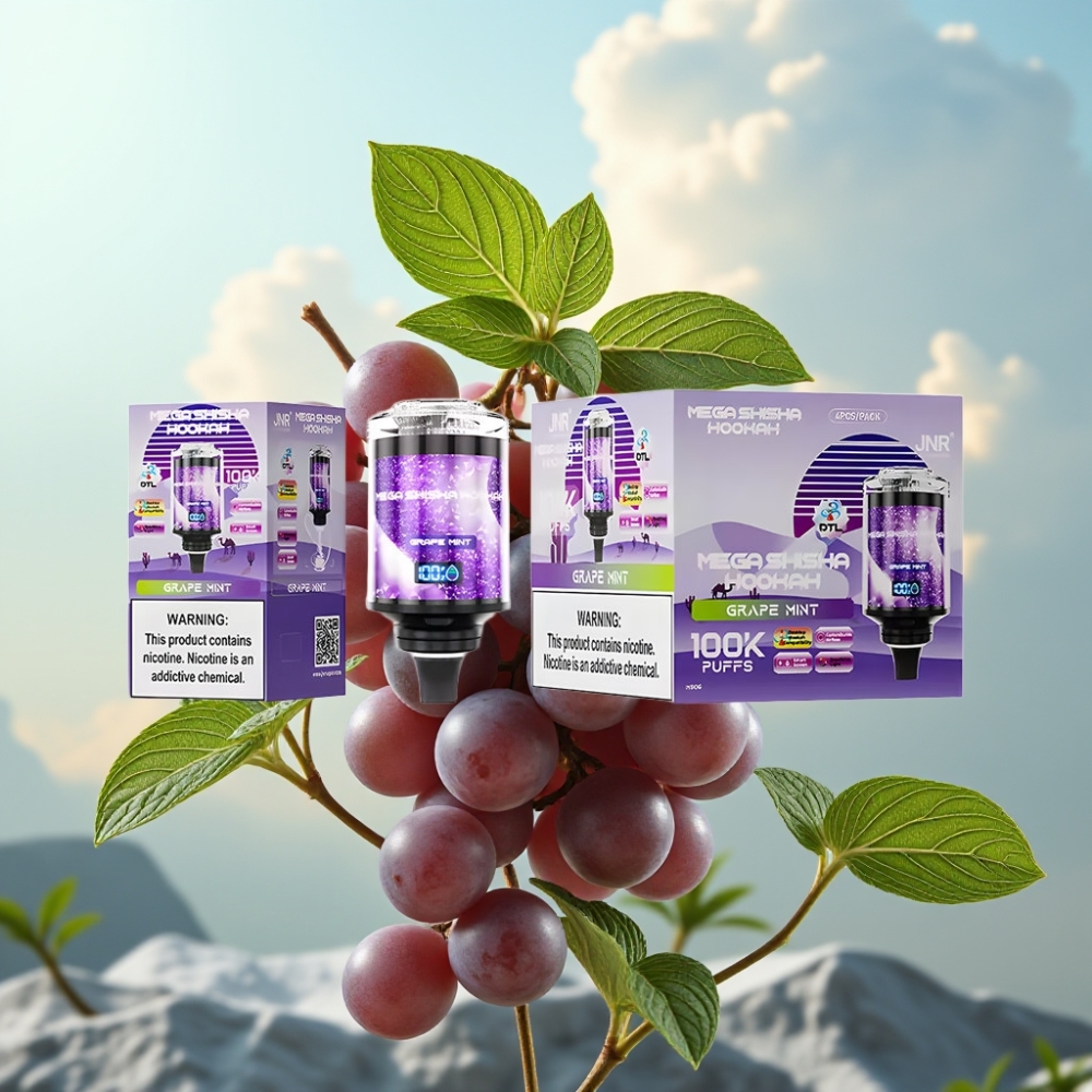 JNR Mega Shisha Hookah 100K Desktop Kompatibilnost Grožđe Metvica – 100.000 pufova, 60ml tečnost, 2200mAh baterija, Type-C punjenje