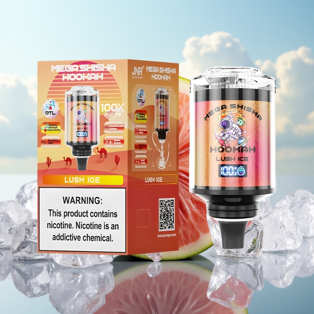 JNR Mega Shisha Hookah 100K Desktop Kompatibilnost Lush Ice – 100000 pufova, 60ml tečnost, 2200mAh baterija, Type-C punjenje