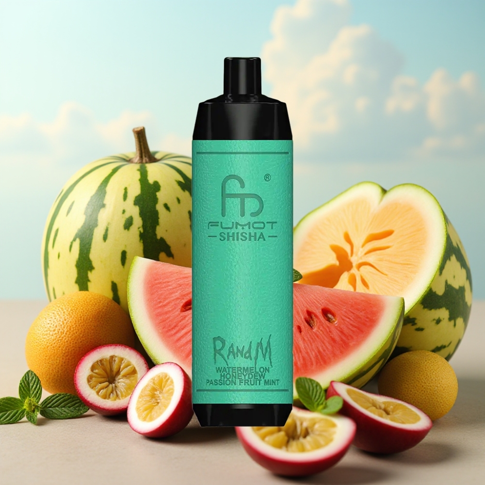 RandM Fumot Shisha 10000 Puffova Jednokratna Vape - LED Indikator, 18ml Tekućine, 850mAh Baterija, Bubanjj od lubenice, dinje, pasiflora i nane