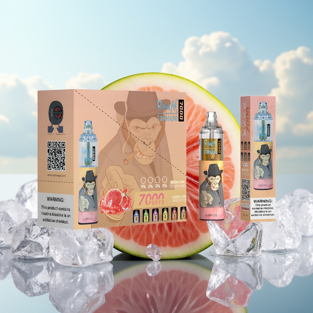 Fumot Tornado 7000 Dispozabil Vape - 7000 Puffova, 14 ML Tečnosti, Mesh Kalem, Tip-C, RGB Svetlo, Ledašći Led (Lush Ice)