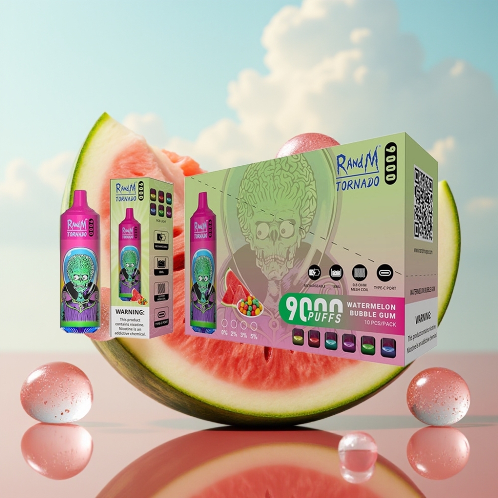 RandM Tornado 9000 Puffs – 850 mAh, 18 mL, Mesh Coil, RGB Display, Bubanj Žvaka (Watermelon Bubble Gum)