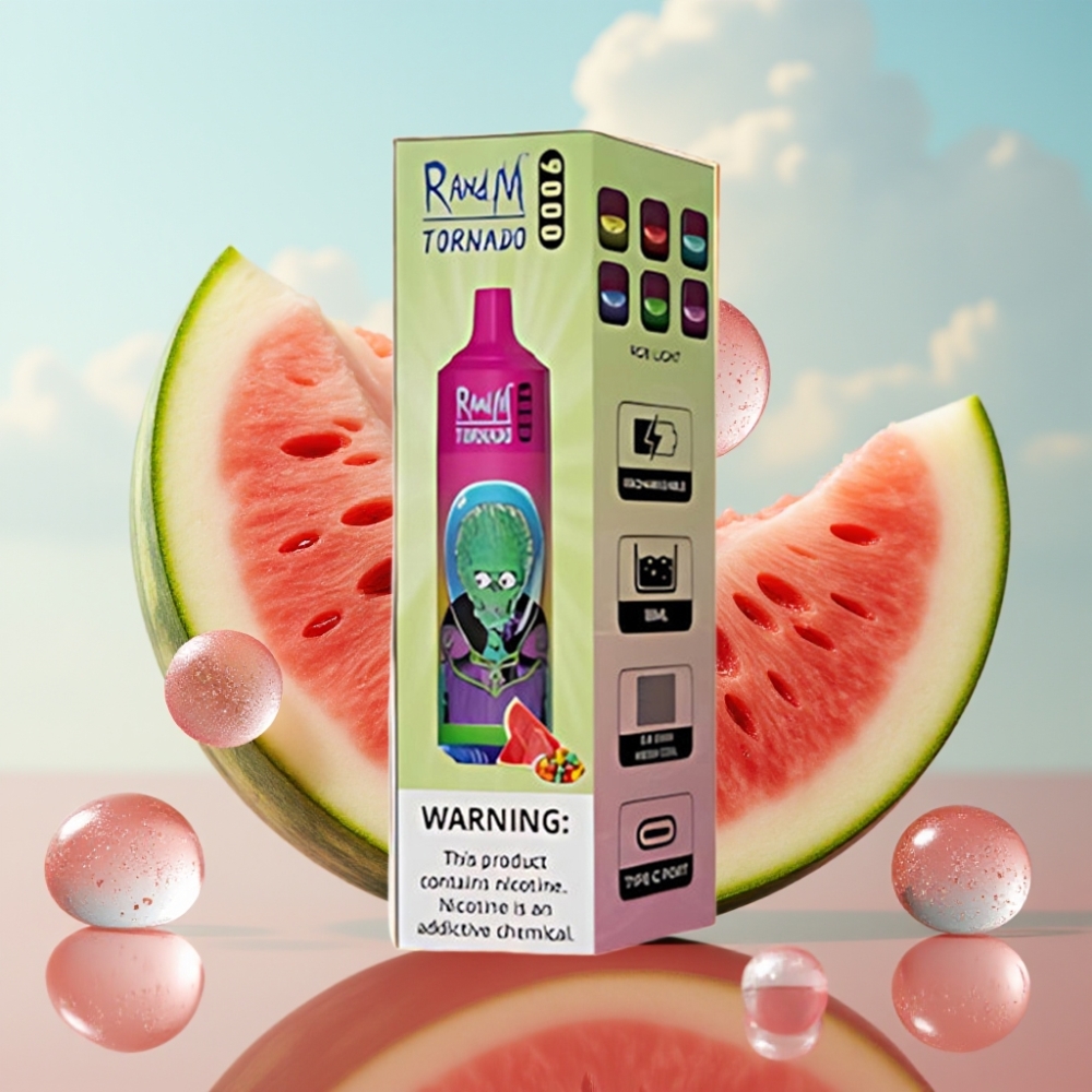 RandM Tornado 9000 Puffs – 850 mAh, 18 mL, Mesh Coil, RGB Display, Bubanj Žvaka (Watermelon Bubble Gum)
