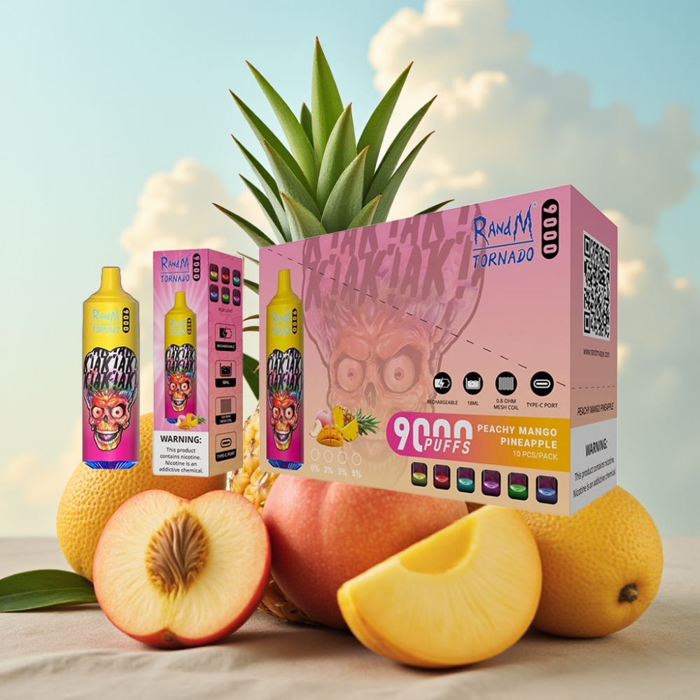RandM Tornado 9000 Puffs Dispozabil Vape Breskva Mango Ananas, 18 mL, Mesh Coil, RGB Display