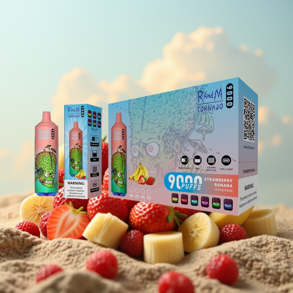 RandM Tornado 9000 Puffs Dispozabilna Vape Jagoda Banana, 850 mAh, 18 mL, Mesh Coil